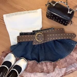 Vitage美式·牛仔拼接短裙 [D222]