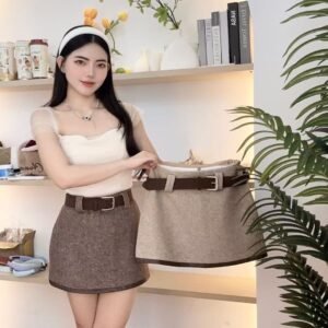 “雾棕可可”拼色毛呢裙 [D216]