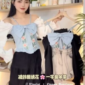 减龄刺绣花🌸一字肩吊带 [D078]