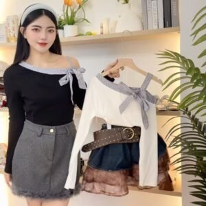 日系格子·拼色露肩衫 [D174]