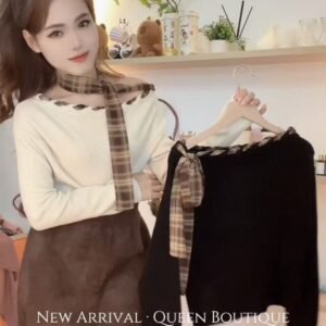 柔欲格纹·斜肩系带衫[G038]